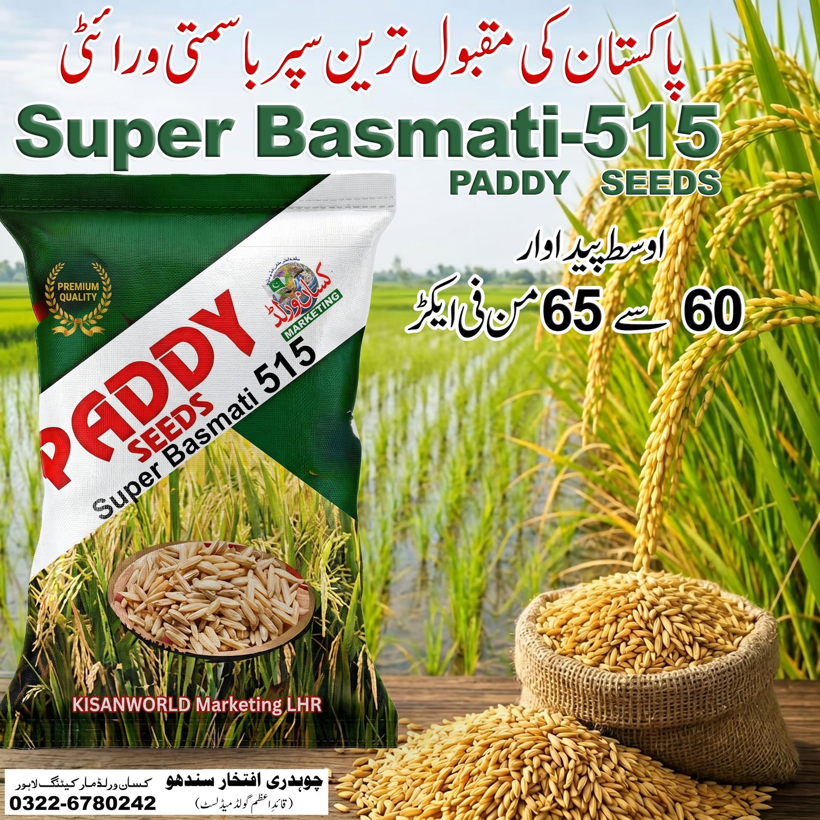 Super Basmati 515 Paddy Seeds 20kg premium quality bag by KisanWorld Marketing Lahore - high yield export quality aromatic basmati rice variety Pakistan