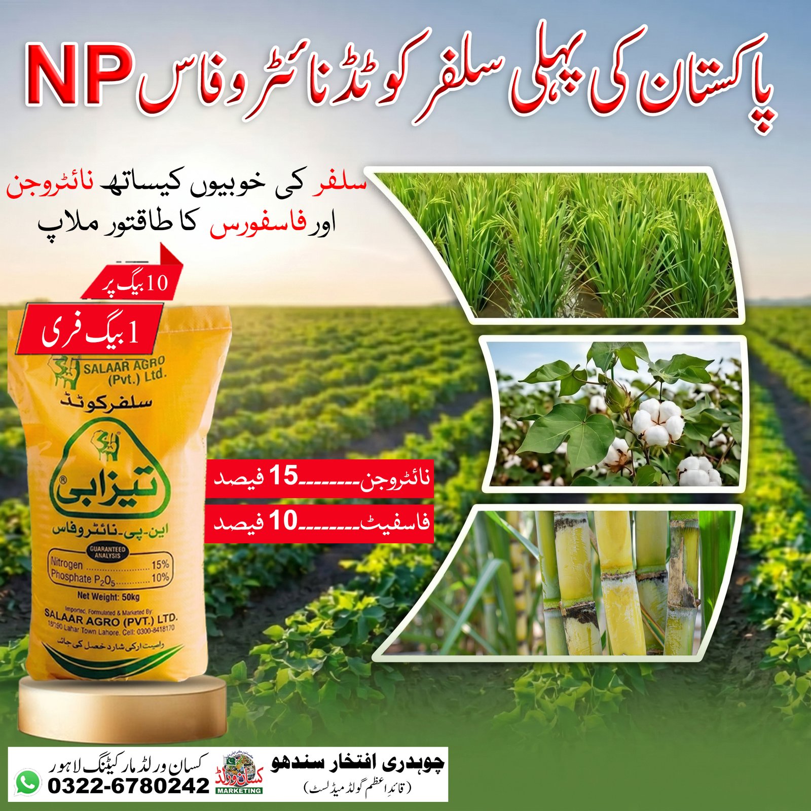Tezabi Sulfurcoat NPK fertilizer 50kg yellow bag - 15% Nitrogen 10% Phosphate for all crops in Pakistan