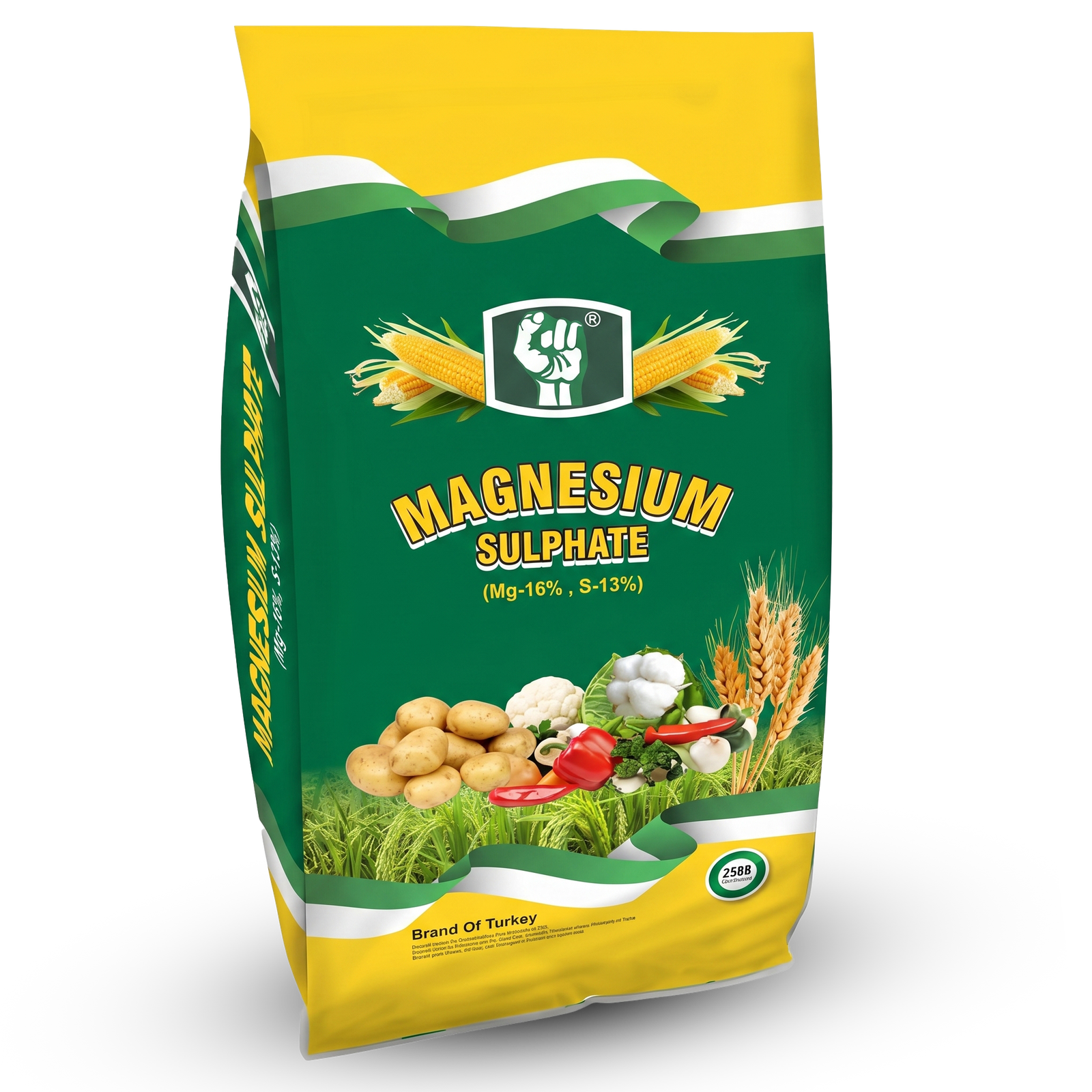 Magnesium Sulphate fertilizer 25kg green yellow bag - Turkish imported Mg 16% Sulphur 13% for corn wheat cotton potato and vegetables in Pakistan